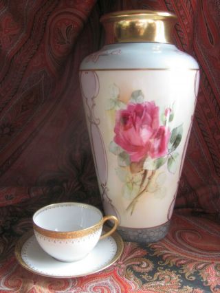 Antique Victorian Limoges Hand Painted Signed Large 12 1/2 " Tall Vase Roses Gold