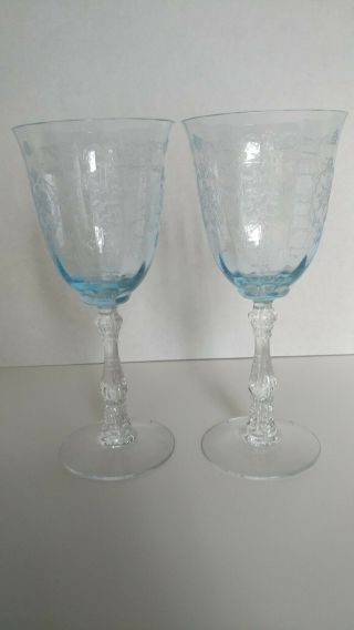 Fostoria Navarre Blue Etched Crystal Water Goblet Wine Glass 7 5/8 