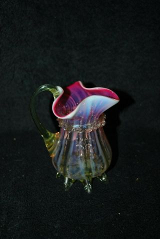 VICTORIAN CRANBERRY VASELINE OPALESCENT FOOTED CREAMER 1880 ' S 6