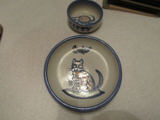 Vintage M.  A.  Hadley Studio Pottery Cat Kitten Bowl And Saucer Great Shape Rare