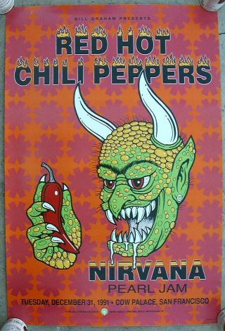 1991 Red Hot Chili Peppers Nirvana Pearl Jam Concert Poster Bill Graham Wolfgang