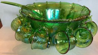 Vintage Indiana Glass Iridescent Lime Green Carnival Punch Bowl Set 12 Cup Ladle