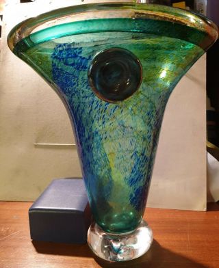 Jane Charles Signed Large Iridescent In Blues & Greens Art Glass Vase