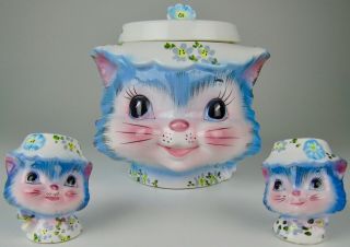 Vintage Lefton Miss Priss Kitty Cat Cookie Jar & Salt Pepper Ceramic Japan 1502