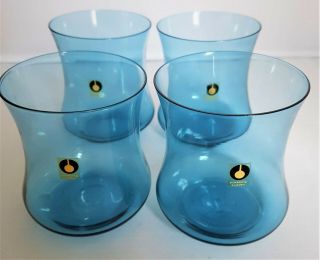 Pukeberg Sweden - 4 Blue Scandinavian Glasses Rare Swedish Glass Set Orig.  Box