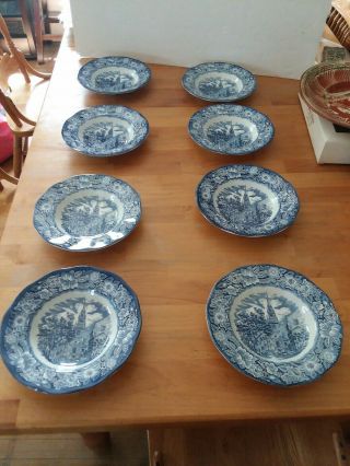 Vintage Liberty Blue.  8 Soup Bowls Staffordshire Ironstone.  Old North Church