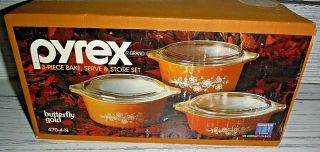 Box Vintage Pyrex 3 Pc Butterfly Gold Bake Serve & Store Set 470 - 4 - N