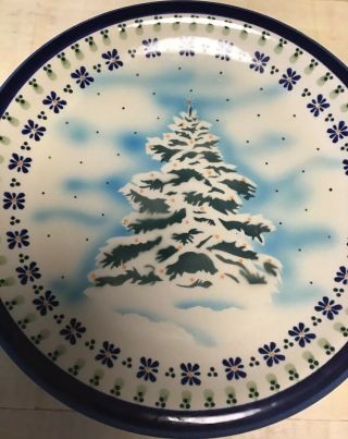 Set Of 2 Polish Pottery Dinner Plates Pine Tree Christmas Winter 11”