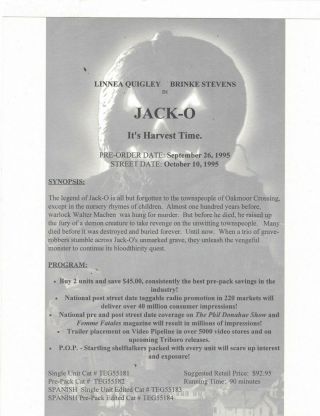 JACK O VHS PRESS KIT - RARE CULT1995 HORROR - LINNEA QUIGLEY PIC - 3 PICS,  SYNOPSIS - VF, 4