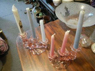(2) Rare Vintage Pink Glass Candelabras Candle Stick Holders