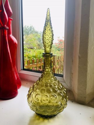 Vintage 16 1/2 " Italian Empoli Hobnail Bubble Glass Genie Bottle Taupe Decanter