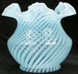 Vintage Fenton Blue Opalescent Optic Spiral Ruffle Top Glass Lamp Shade Old