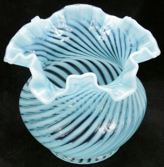 Vintage Fenton Blue Opalescent Optic Spiral Ruffle Top Glass Lamp Shade Old 2