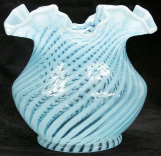 Vintage Fenton Blue Opalescent Optic Spiral Ruffle Top Glass Lamp Shade Old 3