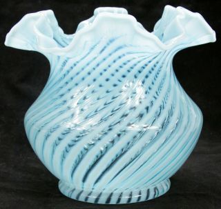 Vintage Fenton Blue Opalescent Optic Spiral Ruffle Top Glass Lamp Shade Old 4