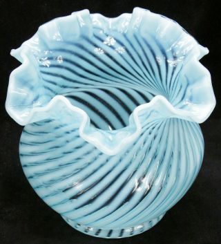 Vintage Fenton Blue Opalescent Optic Spiral Ruffle Top Glass Lamp Shade Old 5