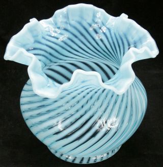Vintage Fenton Blue Opalescent Optic Spiral Ruffle Top Glass Lamp Shade Old 6