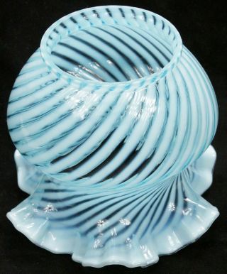 Vintage Fenton Blue Opalescent Optic Spiral Ruffle Top Glass Lamp Shade Old 7