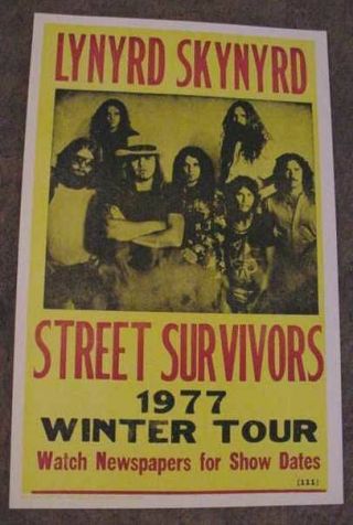 Lynyrd Skynyrd 1977 Concert Tour Poster Ronnie Van Zant Street Survivor 70s
