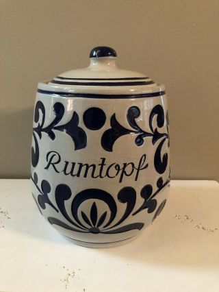 Vintage Rumtopf Rum Crock Gorgeous Blue & Tan W/ Lid 9.  5” Marked Very Rare
