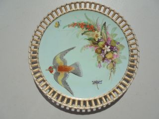 Antique Royal Worcester Porcelain Hp Bird Flowers Insects Reticulated Plate 9 "