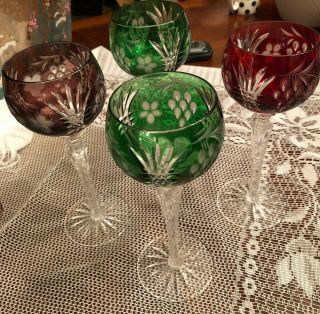 4 Vintage Bohemian Crystal Wine Glasses Multi - Color Cut To Clear Grape & Leaf