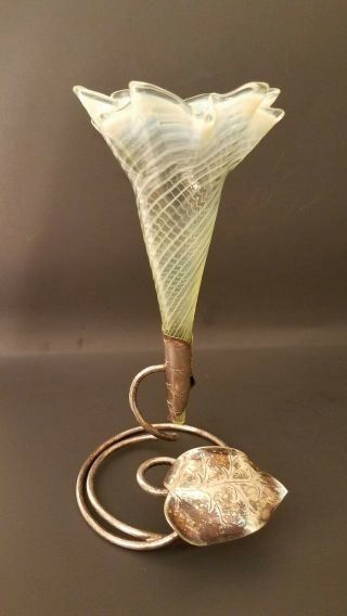 Victorian Trumpet Glass Horn Vase With Metal Base - Vaseline Opalescent Glows