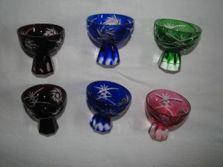 Six Vintage Cut To Clear Crystal Goblet Germany Shot Glasses Different Colors