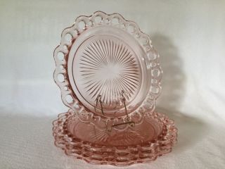 4 Pink Old Colony Lace Edge Dinner Plates Hocking Depression Glass