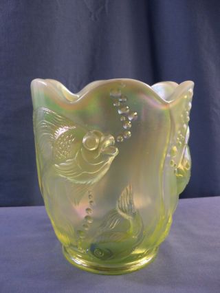 Fenton Topaz Opalescent Iridescent Vaseline Glass Atlantis Vase Koi Fish
