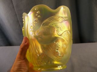 Fenton Topaz Opalescent Iridescent Vaseline Glass Atlantis Vase Koi Fish 3
