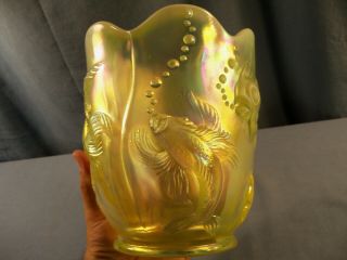 Fenton Topaz Opalescent Iridescent Vaseline Glass Atlantis Vase Koi Fish 4