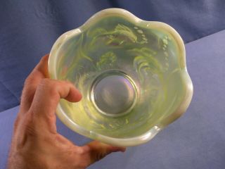 Fenton Topaz Opalescent Iridescent Vaseline Glass Atlantis Vase Koi Fish 7
