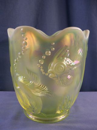 Fenton Topaz Opalescent Iridescent Vaseline Glass Atlantis Vase Koi Fish 8