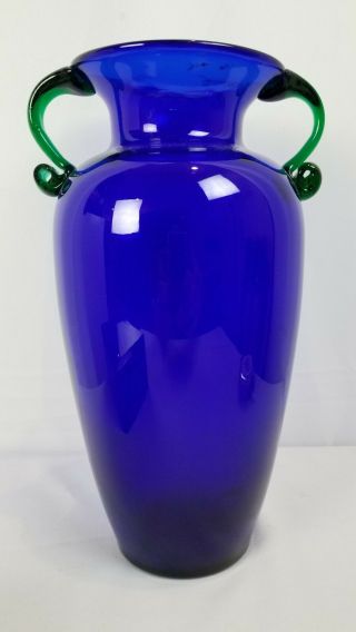 Stunning Cobalt Blue And Green Art Glass Vase Applied Handles 12 "