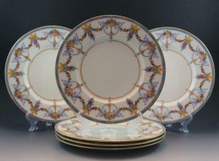 Minton Porcelain Set Of 6 Dinner Plates H3188 Fruit Urns & Garlands Teal Border