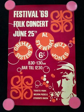 1960s Hand Painted Folk Gig Poster - Al Stewart,  Wizz Jones