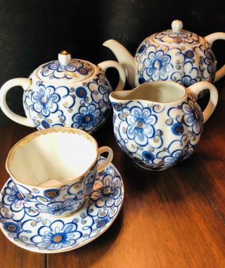 Russian Imperial Lomonosov Porcelain Teacup,  Saucer And Teapot Set,  Bindweed