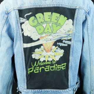 Green Day Levis Denim Jacket Welcome To Paradise Blue Jean Distressed Medium
