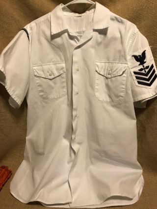 Vintage Us Navy White Button Up Shirt 1970’s.  Medium