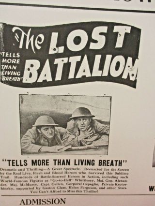 1919 WWI World War 1 Movie The Lost Battalion Orig Window Card Silent Film 2 3