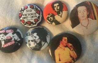 (6) Vintage Sid Vicious Sex Pistols Button Pinback Pin Badge Punk Rock