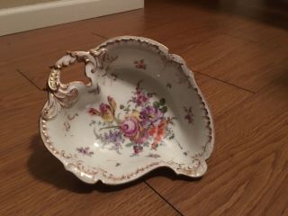 Franziska Hirsch Dresden Hand Painted Floral & Gilt Handled Candy Bowl 1894 - 1896