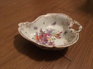 Franziska Hirsch Dresden Hand Painted Floral & Gilt Handled Candy Bowl 1894 - 1896 4