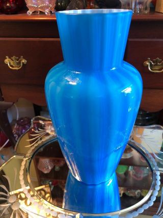 Rare Fenton Blue Plated Tall Vase Opaque Rib Optic 1960s