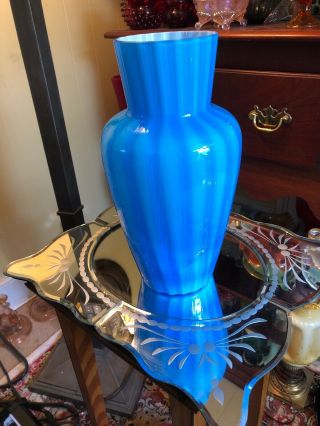 Rare FENTON BLUE Plated Tall Vase Opaque Rib Optic 1960s 6