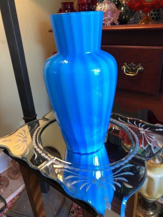 Rare FENTON BLUE Plated Tall Vase Opaque Rib Optic 1960s 7
