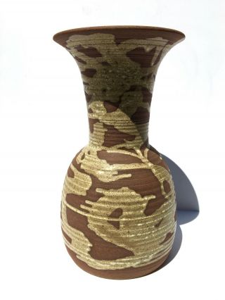 Vintage Mid Century Modern Fluted Art Pottery Vessel Vase Abstract Glaze Signed