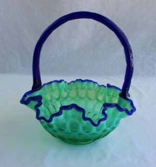 Vintage Fenton Opalescent Sea Mist Green Vaseline Cobalt Crest Thumbprint Basket