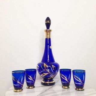 Bohemian Cobalt Blue Glass Gold Decanter Cordial Glasses Vintage Set